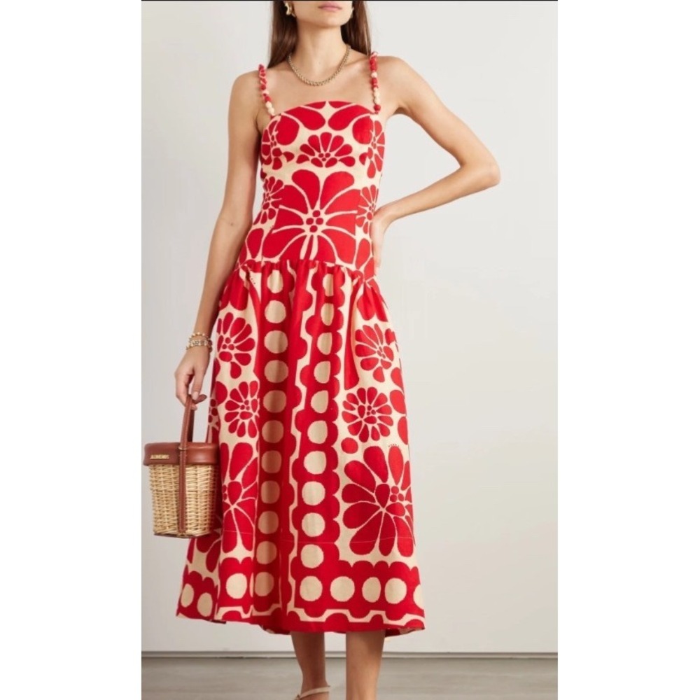 Farm Rio Floral Linen Midi Dress Red Small New Without Tags